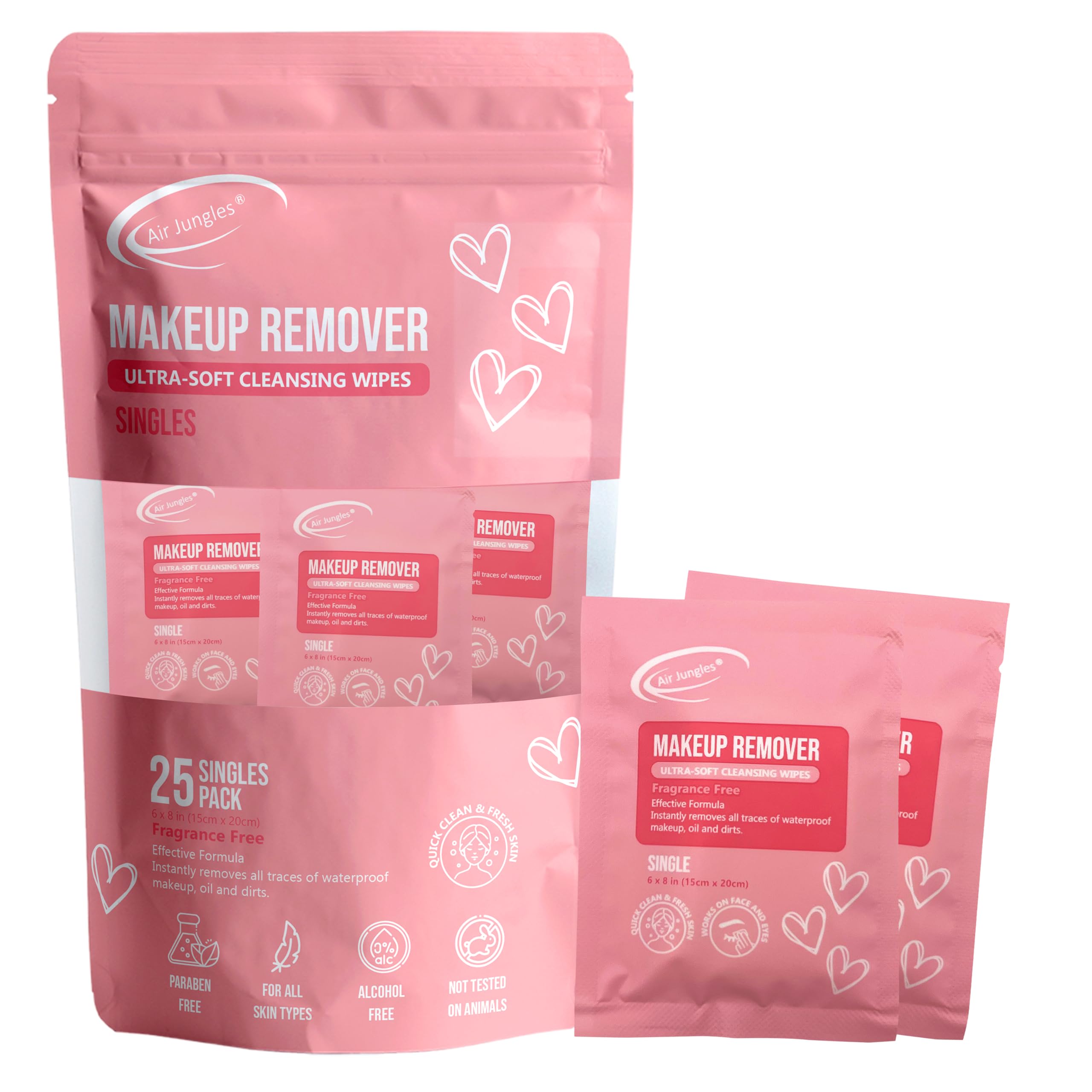 Air Jungles Makeup Remover Wipes Single Wrapped, 25 Ct, Mini Travel Size for Cleansing Face and Eyes, Fragrance-Free, Alcohol-Free, Infused with Vitamin E for All Type Skin