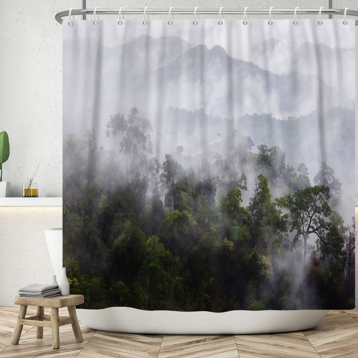 Bovlleetd 60x72inch Mist Forest Shower Curtain Natural Scenery Bathroom Curtain Mountain In Fog Shower Curtain Waterproof Bathtub Curtain Hooks for Bathroom Decoration — image 1