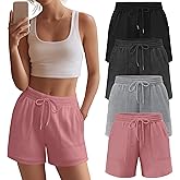 Neer 4 Pack Womens Sweat Shorts Cotton Casual Lounge Drawstring High Waist Summer Loose Elastic Athletic Shorts with Pocket