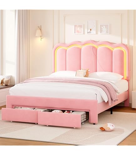 Pink Full Size Bed Frame ADORNEVE Queen Size Bed Frame With LED