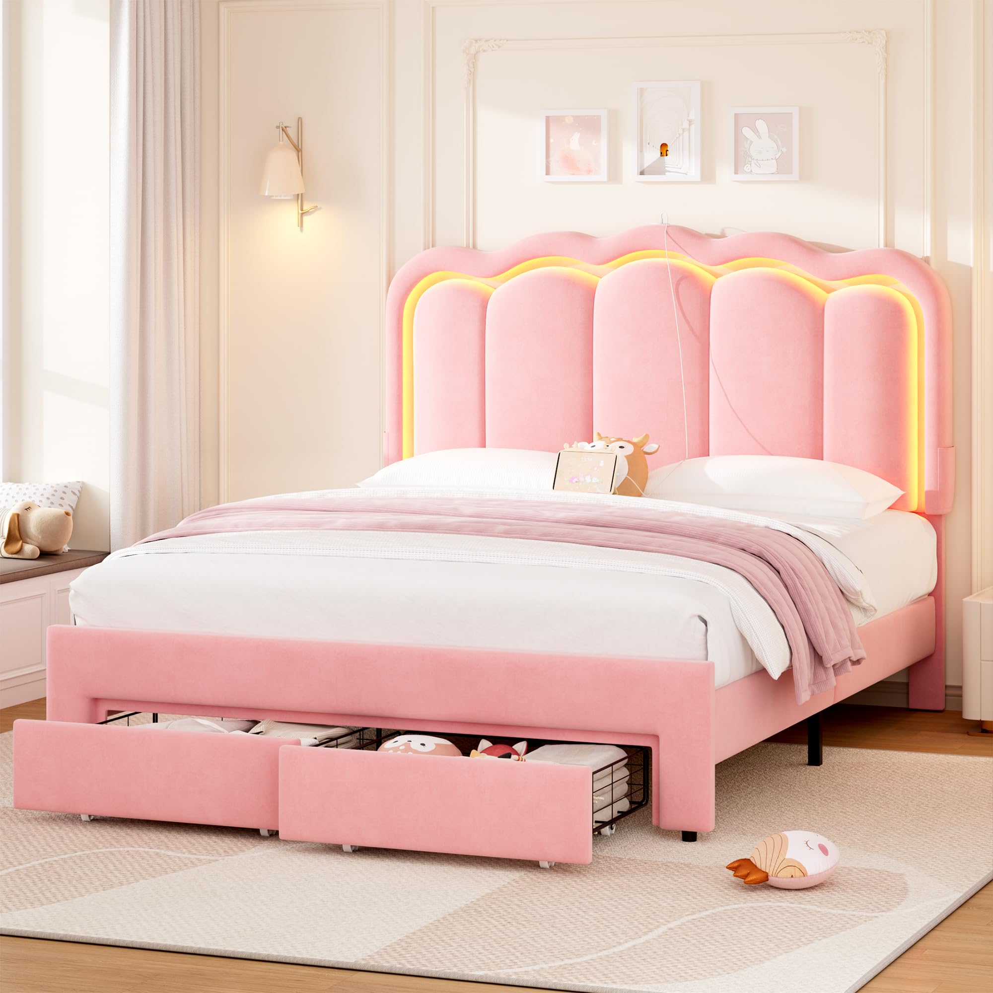 Photo 1 of *** UNKNOWN MISSING PARTS* Queen Upholstered LED Bed Frame with 2 Storage Drawers and Adjustable Chic Double Wavy Headboard, Velvet Princess Platform Bed with Charing Station, Solid Wood Slats Support,No Box Spring Needed, Pink