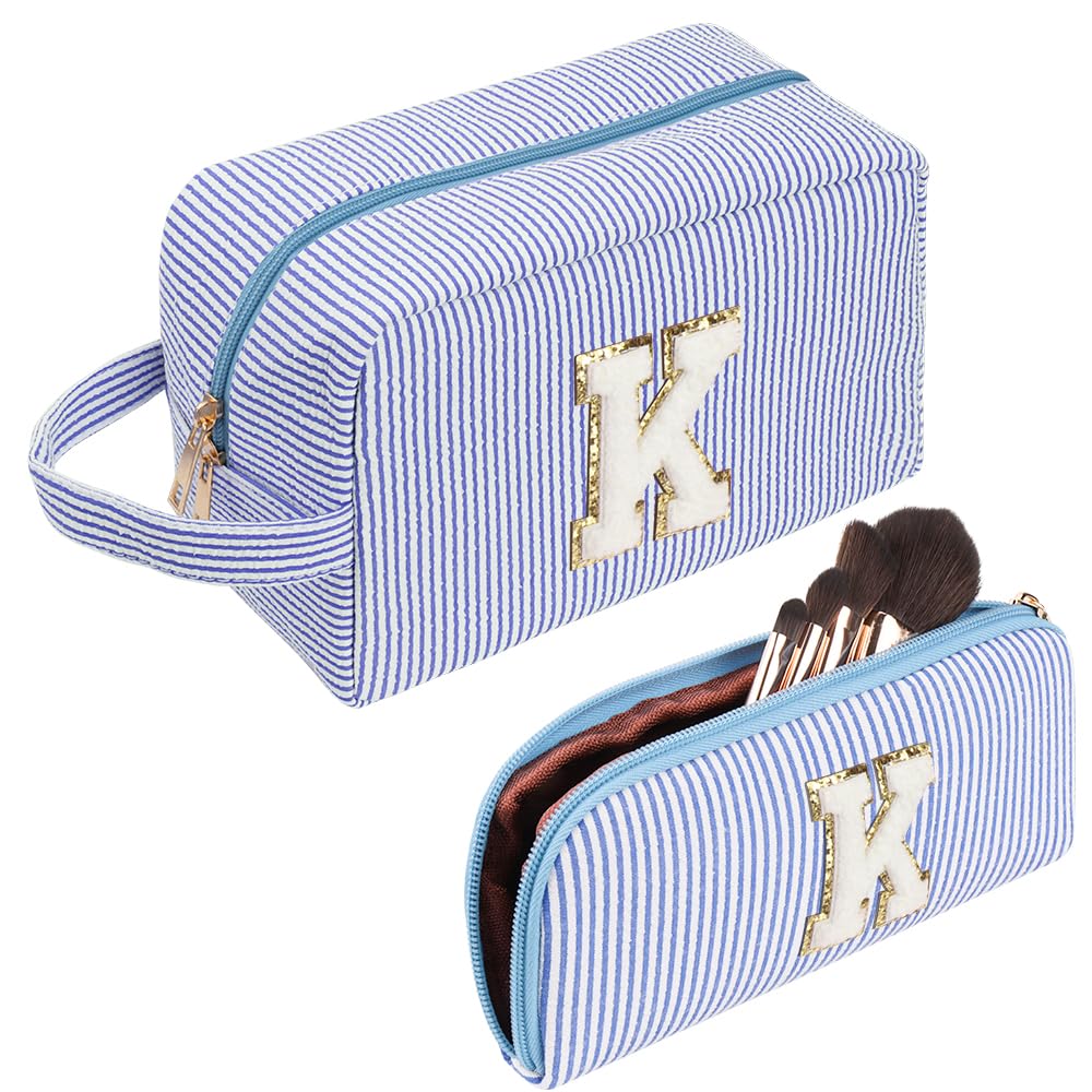Large Makeup Bag,Travel Makeup Bag,Cute Initials Blue Corduroy Cosmetic Bag,Gift for Woman,Girlfriend,Best Friend,Mom,Daughter with Small Cosmetic Bag (K)