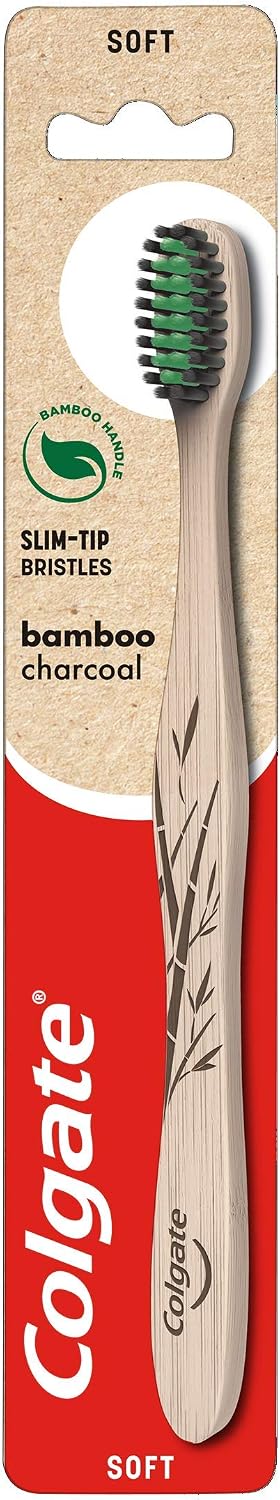 Colgate Bamboo Charcoal Soft Bristles Manual Toothbrush 1 Piece, Manual Toothbrush with Activated Carbon Slim Tip Bristles