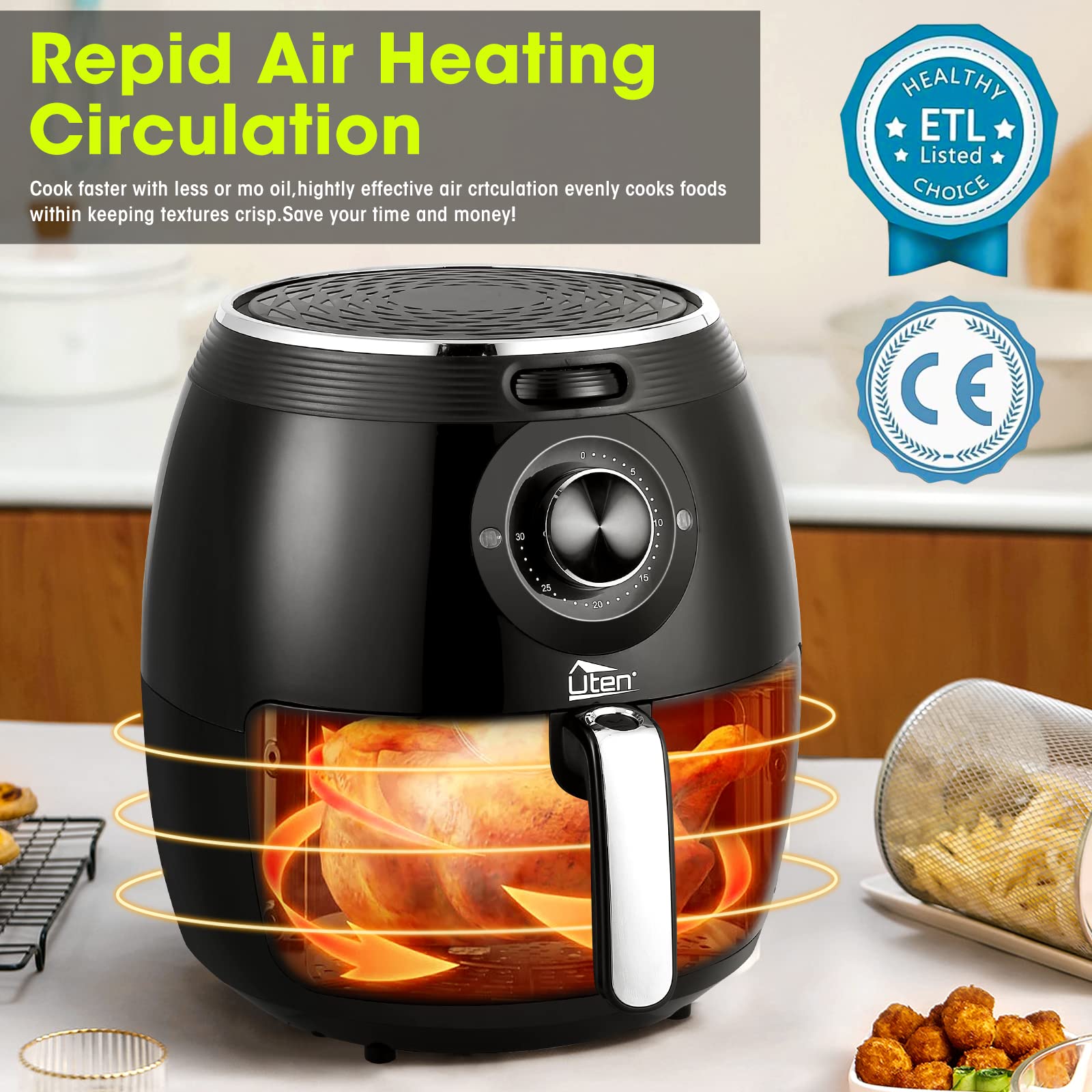 Freidora de aire 5.8QT/5.5L, Uten 1700W AirFryer Control de temperatura caliente eléctrica de alta potencia y perilla del temporizador, cesta para freír antiadherente, apta para lavavajillas, aplicar a fiestas, té de la tarde, negro
