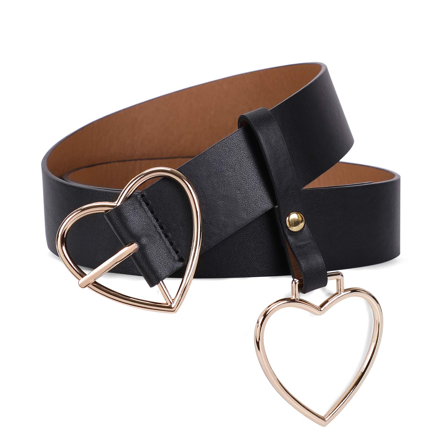 Heart-shaped Wide Black Belt with Metal Buckle for Women Girls Students Shorts Jeans Ladies Dress