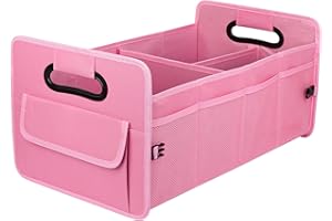 JiatuA Car Trunk Organizer Car Storage with 9 Pockets Collapsible Multi Compartment Waterproof Adjustable Straps for SUV, Truck, Sedan, Minivan, Standard Size, Pink