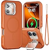 Follaroma for iPhone 17 Case with Stand, Built-in Camera Cover, Compatible with MagSafe, Heavy Duty Shockproof Protection Phone Case, Magnetic Protective Cover with Wrist Strap 6.9'' Orange