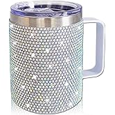 XMYAINA 12oz Bling Travel Coffee Mug with Handle and Lid Rhinestone Insulated Coffee Mug Stainless Steel Vacuum Reusable Glitter Coffee Tumbler Thermal Cup for Home and Office (Northern Light)