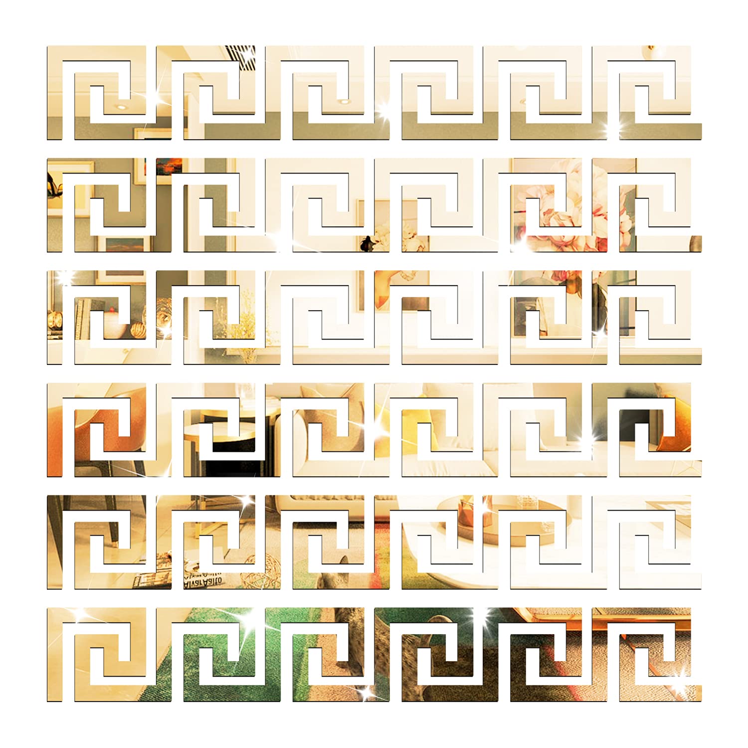 NAILDOKI DIY Wall Decals Acrylic Mirror Sticker Set, Mirror Wall Stickers for Living Room Bedroom Decor (Greek Key Gold)