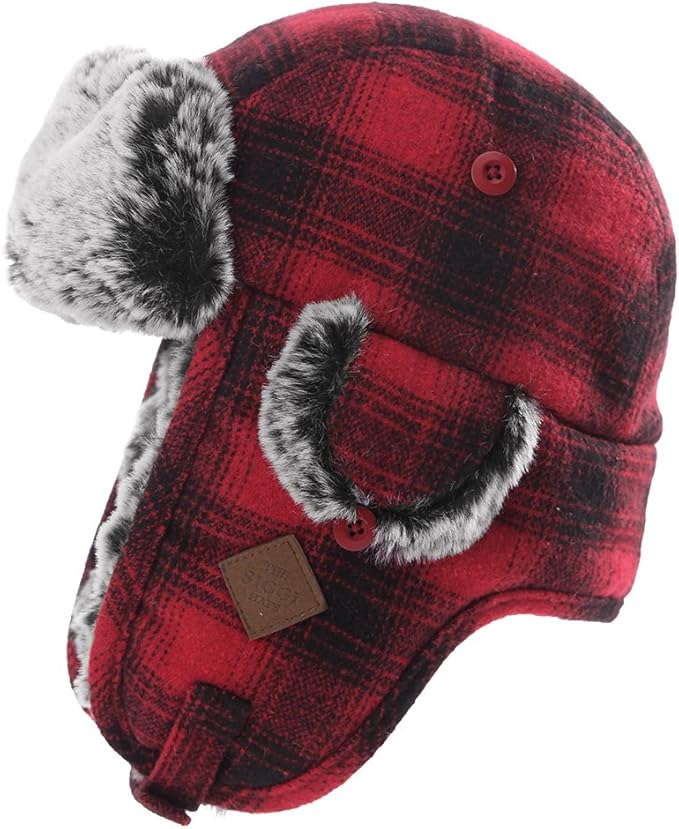 Jeff & Aimy Winter Red Buffalo Plaid Trapper Hat for Men Women