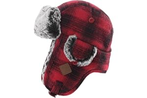 Jeff & Aimy Stylish Plaid Winter Wool Trapper Faux Fur Earflap Hunting Hat Ushanka Russian Cold Weather Thick Lined 55-61CM