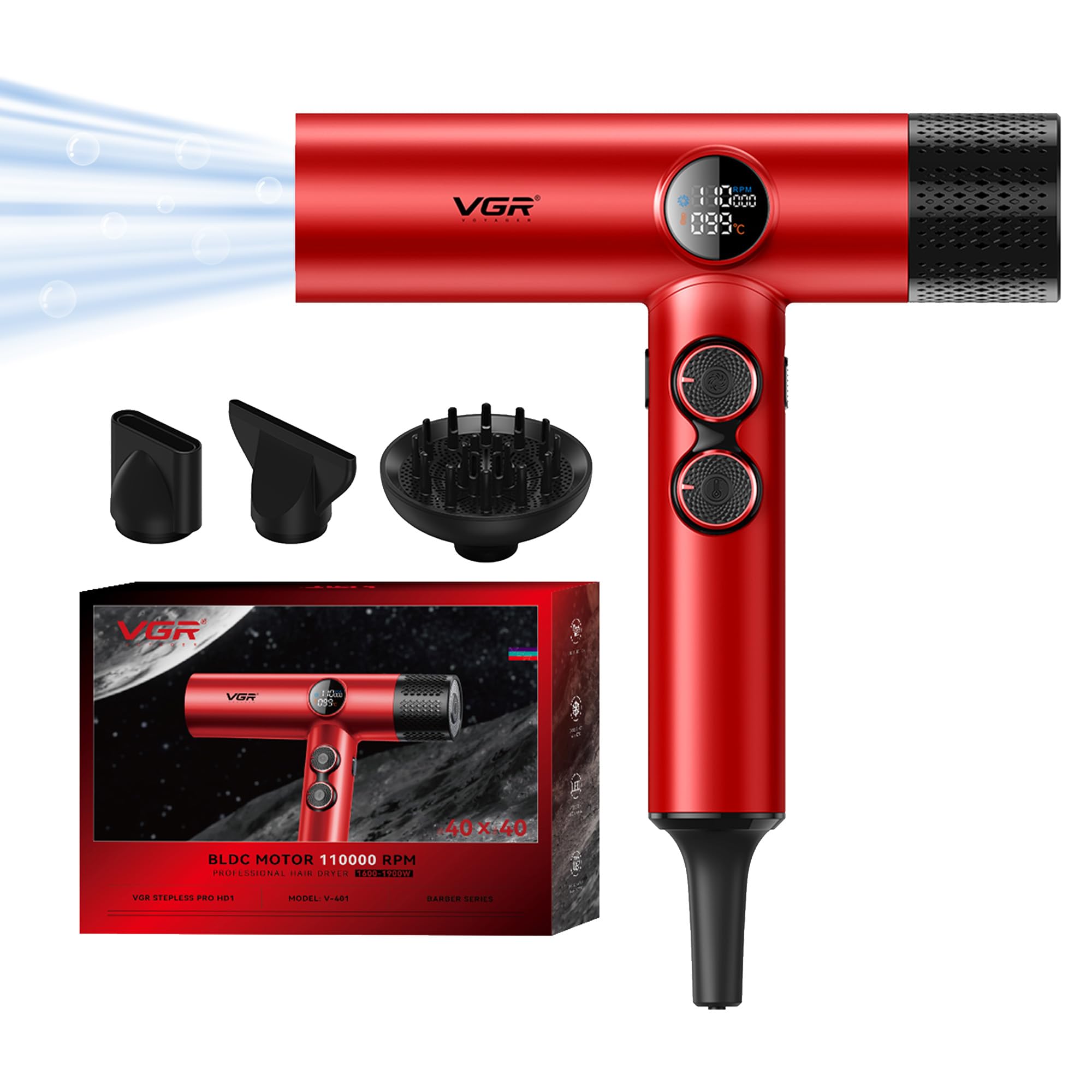 Photo 1 of VGR 401 Negative Ionic Hair Dryer, Professional BLDC Motor Blow Dryer for Fast Drying, LED Display Low Noise Thermo and RPM-Control Hairdryer, Travel with Magnetic 1 Diffuser & 2 Nozzle, Red