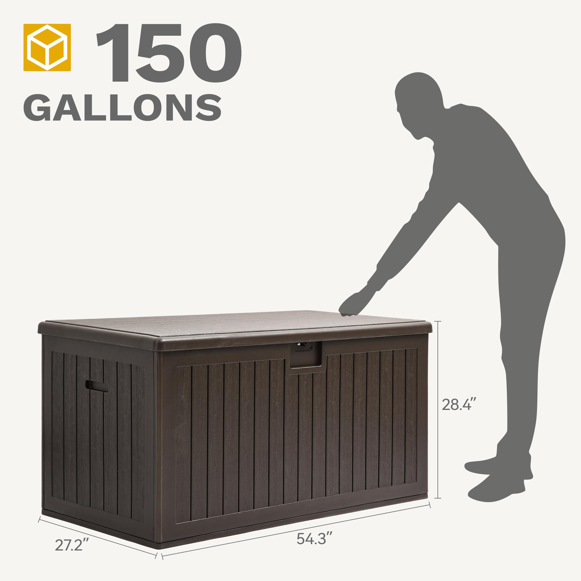 DWVO 567.8L Resin Aufbewahrungsbox für Außen, Doppelwandige wasserdichte Gartenbox mit Holzmaserung, Abschließbare Aufbewahrungsbox als Tisch oder Sitzbank (1000 kg Belastbarkeit) – Braun 8