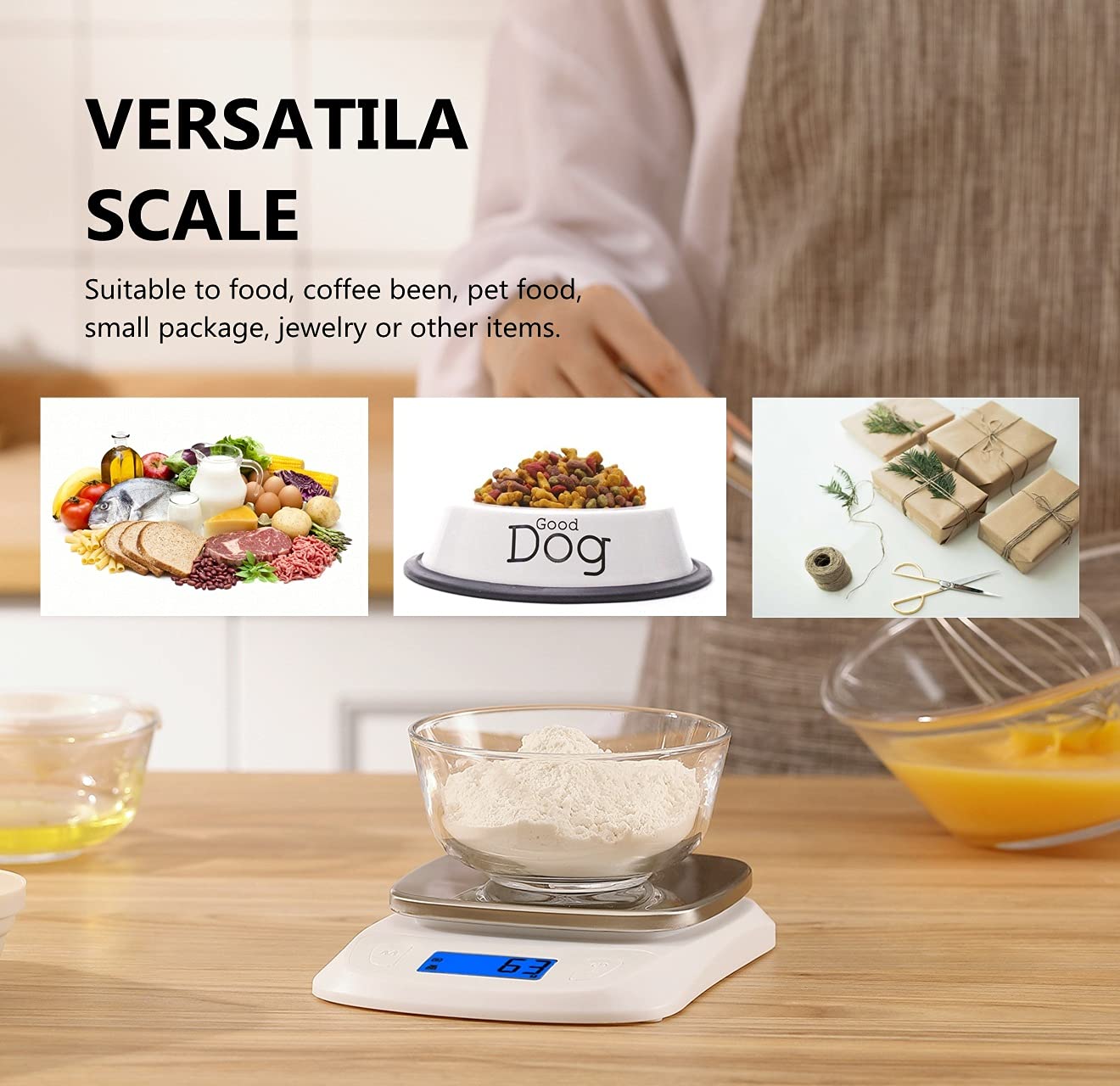 NUTRI FIT Food Kitchen Scale Digital Grams and Ounces Ultra Slim Scale Portable for Baking Cooking Camping Stainless Tare Auto Off Backlit Large LCD Display 11lb/5kg-White