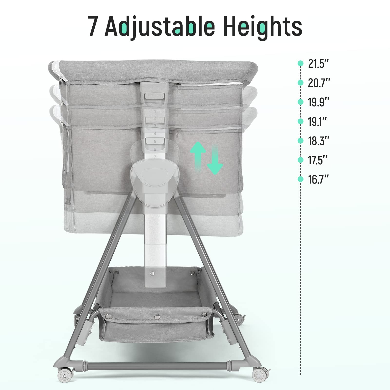 Cowiewie Bassinet Bedside Sleeper, Baby Bassinet with 7 Adjustable Height, Bedside Bassinets for Baby with Breathable Mesh Sides & Mattress, XL Storage, Easy Folding Crib (Pyramid Light Gray)