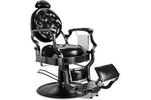 Baasha All Black Classic Barber Chair, Retro Reclining Barber Chair with Removable Headrest, Vintage Chairs with Heavy-Duty Steel Frame, Comfortable SalonTattoo Chairs
