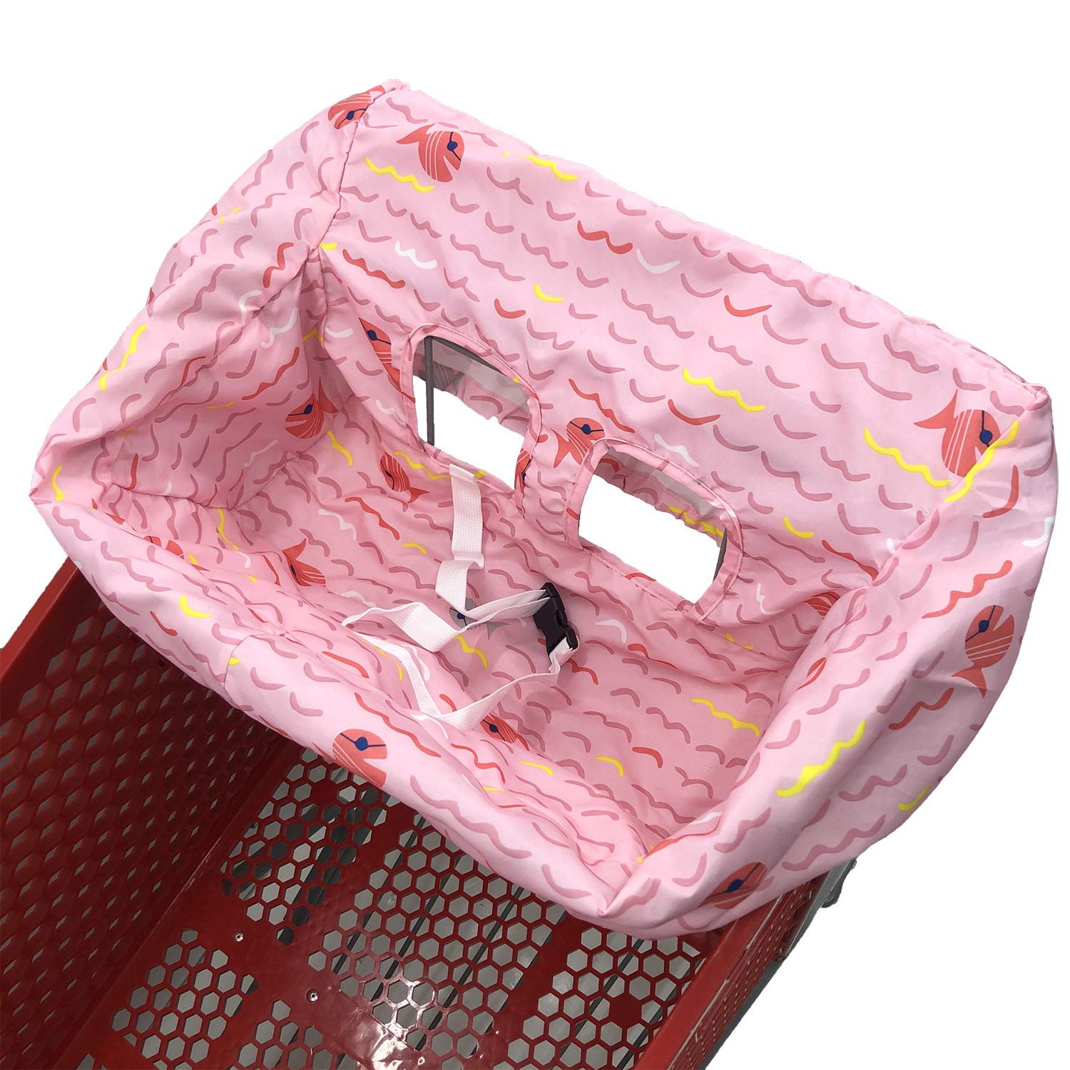 2-in-1 Baby Shopping Trolley Cart Cover and High Chair Seat Cushion with Mini Portable Carry Bag (Pink Fish)