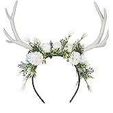 MOSTORY Handmade White Flower Antler Headpiece - Woodland Reindeer Headband Forest Floral Hairband with Deer Horns for Renaissance Halloween Cosplay Photo Shoot Accessory
