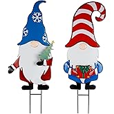 Hausse 2 Pack Garden Metal Gnome Stakes, 33 Inch Christmas Decorative Gnomes Stakes, Yard Signs for Outdoor Decorations, Holiday New Year Spring Home Tomte Decor for Lawn Pathway Patio