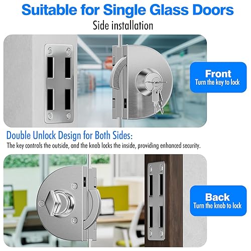 Ranbo Frameless Glass Double Sided Swing Door Lock, No-Drill, 304 Stainless Steel, Suitable For 3/8''-1/2'' (10mm-12mm) Thick Sliding Glass Doors, Office Doors, Commercial Doors, 3 Keys, Brushed