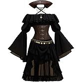 MEOWCOS Women's Halloween Costume Black Pirate Style Suit Strapless Dress with Corset and Hat Medieval Dress