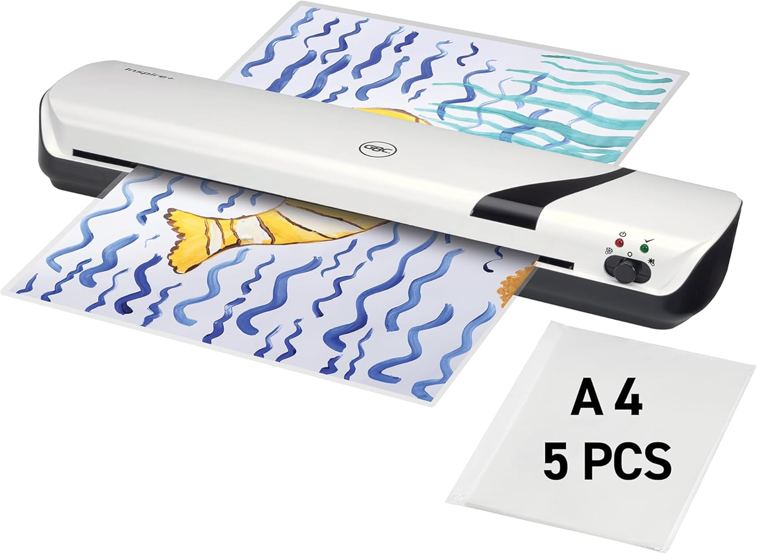 GBC Inspire+ A3 laminator, incl. starter set with 5 laminating pouches (2 x 75 microns), for 75 to 125 mic laminating films up to A3 format, hot and cold lamination, white, 2104512