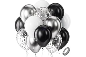 Bezente Black Silver Confetti Latex Balloons,60pcs 12 inch Black White Silver Metallic Chrome and Confetti Balloons for New Year Birthday Baby Shower Wedding Theme Party Decoration