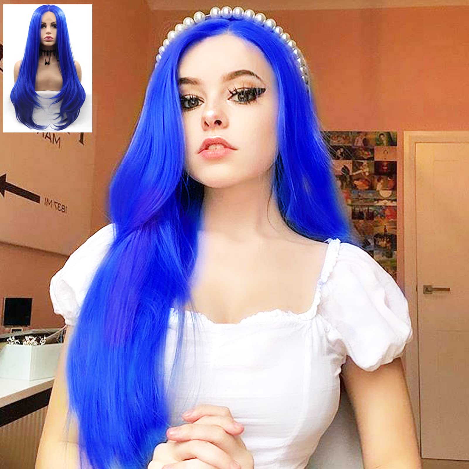 Blue Wig Lace Front Wigs for Women Long Straight Dark Blue Glueless Wig Natural Hairline Glueless Soft Synthetic Lace Front Blue Wigs Heat Resistant Fiber Hair Daily Cosplay Drag Queen 24 Inch