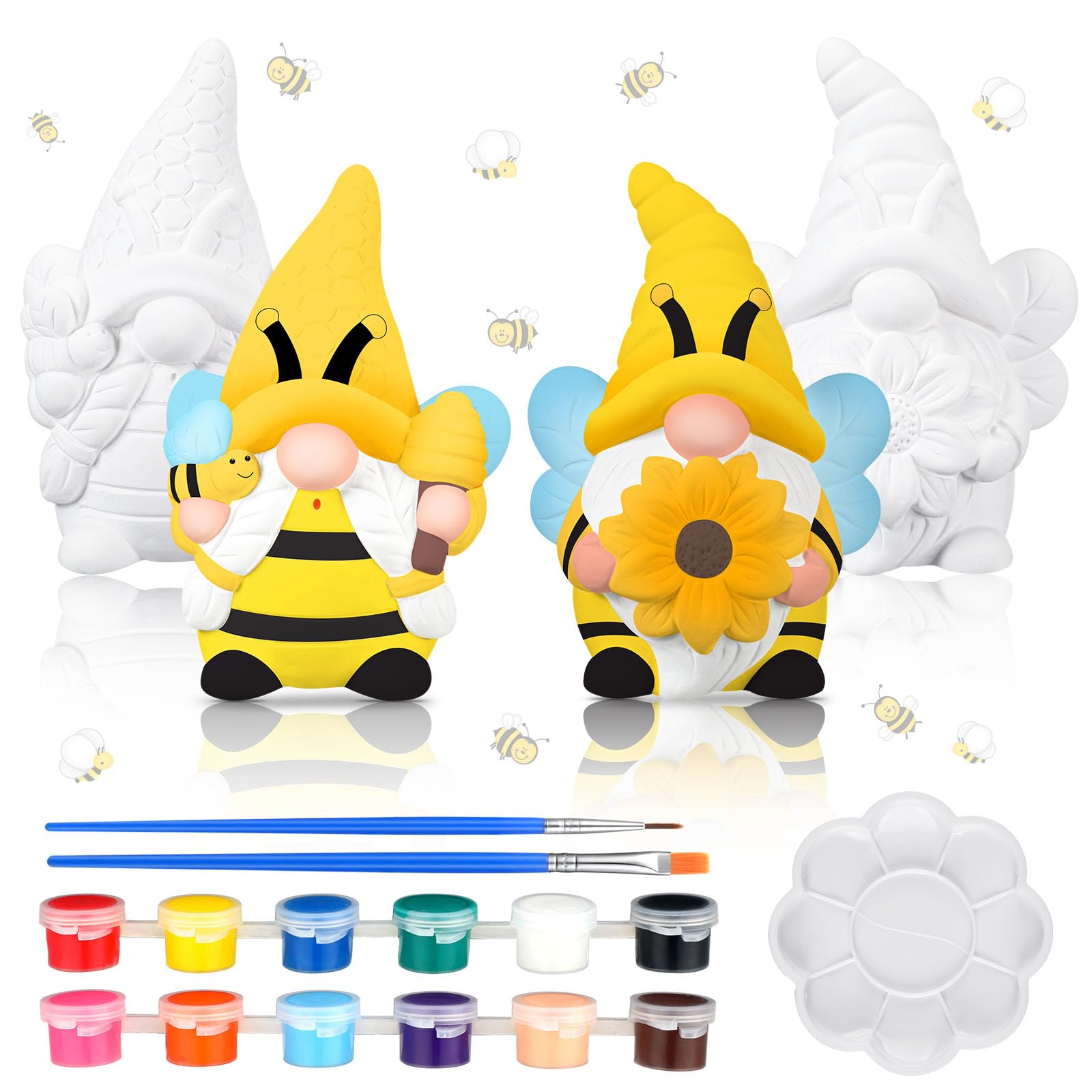 Photo 1 of 2 Sets Ready to Paint Your Own Bee Gnome Statues DIY Ceramics Bee Gnomes Set Sunflower Garden Paintable Figurines Unpainted DIY Arts and Crafts for Classroom Craft Project Activity