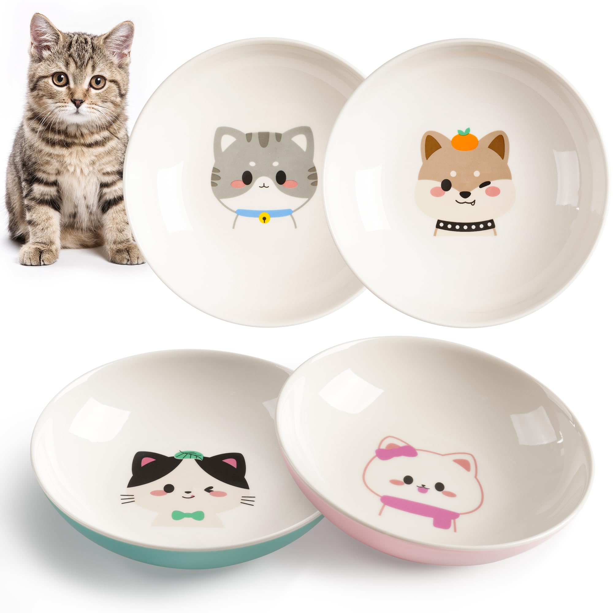 Photo 1 of Kitwinney Cat Bowls, Ceramic Cat Food Bowl Set with White Silicone Ring for Non Slip, Cute Cats Dishes or Plates for Feeding Indoor Cats, Kitten, Small Dogs (Multicolored 4 Pack-Cute Pet, 5.5 Inches)