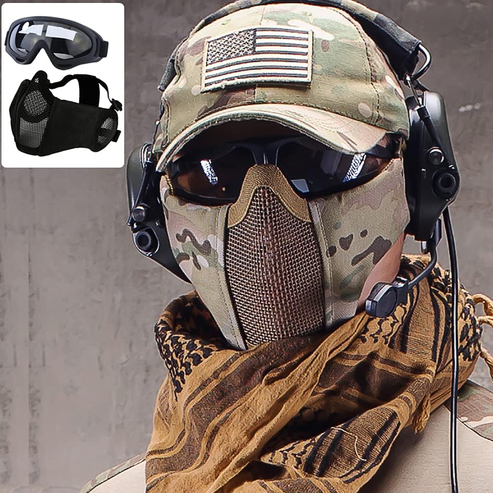 Aoutacc Airsoft Mask Tactical Goggles Set, Lower Steel Mesh Mask Protective Half Face Mask with Ear Protection UV Protection Glasses Comfortable for Adult Men Women CS Hunting Paintball Shooting : Sports & Outdoors