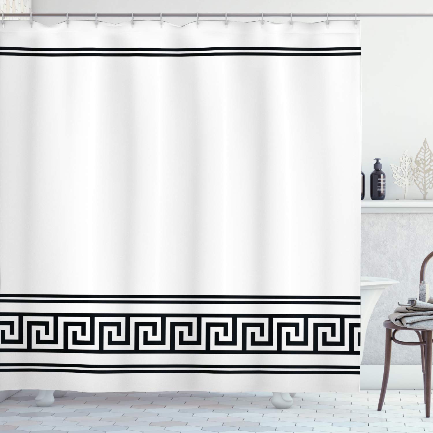 ABAKUHAUS Abstract Shower Curtain, Simplistic Classic Greek Inspired Pattern in Monochrome Design, Cloth Fabric Bathroom Decor Set with Hooks, 175 x 180 cm, Charcoal Grey White