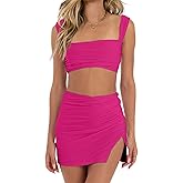 CSDAJIO Summer 2 Piece Outfits for Women Sleeveless Square Neck Crop Top Ruched Strappy Tank and Bodycon Mini Skirt