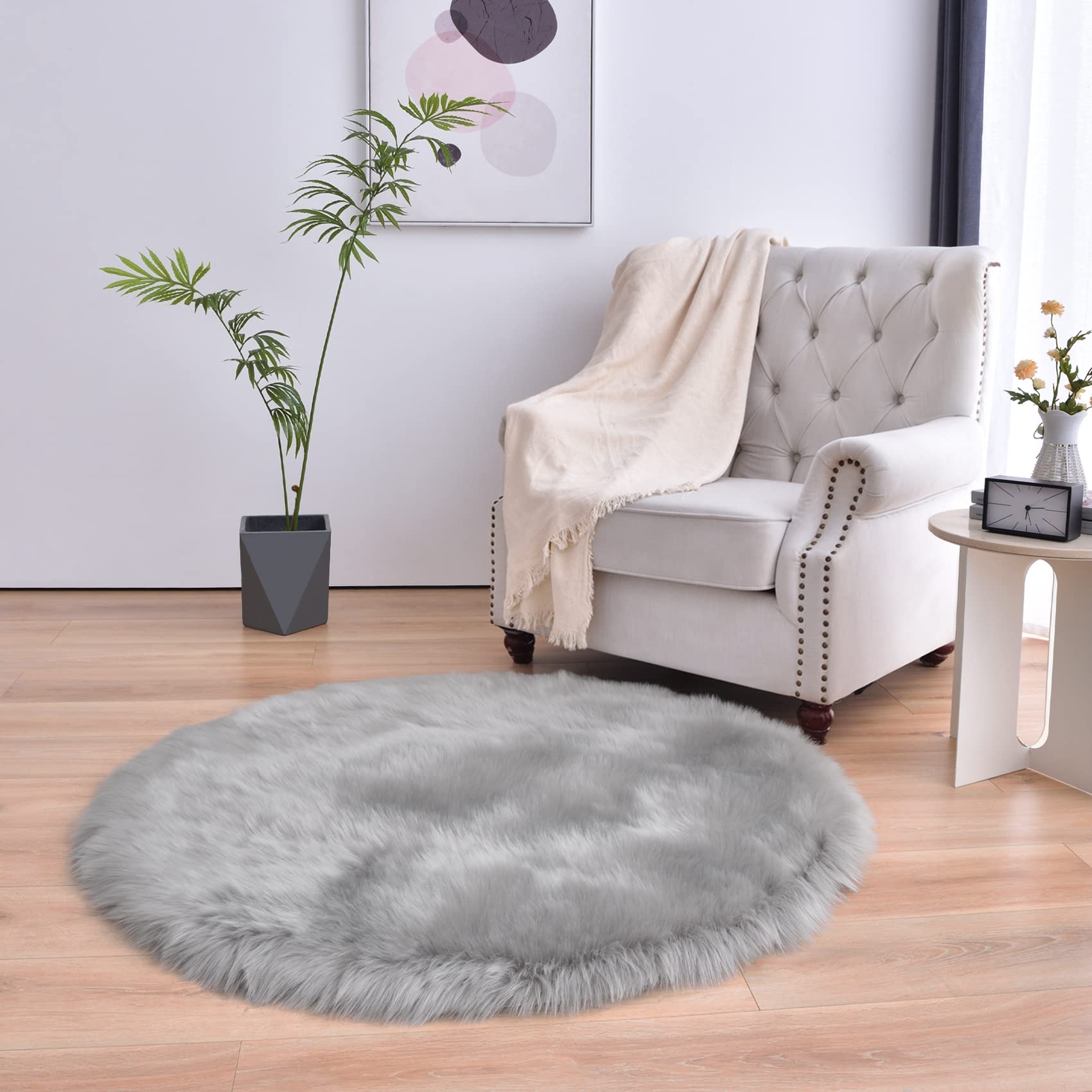 duduta Grey Faux Sheepskin Round Rug 4x4 ft, Fluffy Shag Fur Bedroom Nursery Kids Playroom Rug Dorm Decor Non Slip Washable