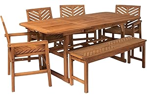 Walker Edison 7 Person Outdoor Wood Chevron Patio Furniture Dining Set Extendable Table Chairs Bench All Weather Backyard Conversation Garden Poolside Balcony, 6 Piece, Brown