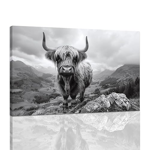 YLoqdt Highland Cow Pictures Wall Decor, Black and White Cow Wal Art Animal Posters Highland Cow Canvas Prints Artwork Modern Home Office Decor Framed Ready to Hang 12x16 inch(30cmx40cm)