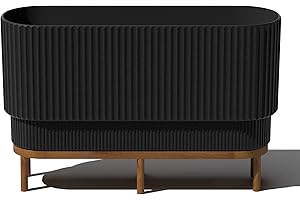 Veradek Demi Series Raised Long Planter for Indoor/Outdoor Use | Made from Plastic & Stone w/Wooden Stand | Modern Patio Déco
