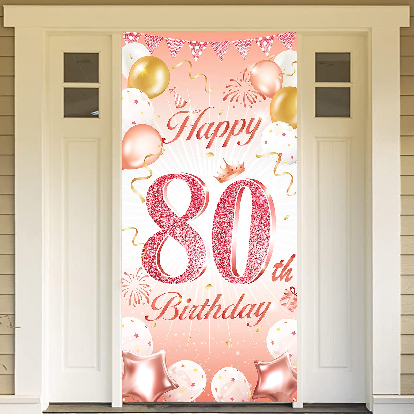DPKOW Rose Gold 80th Birthday Party Decoration Woman, Rose Gold 80th Birthday Banner for Backdrop Door Decoration for Garden Table Wall, 185 x 90cm Fabric โ image 1
