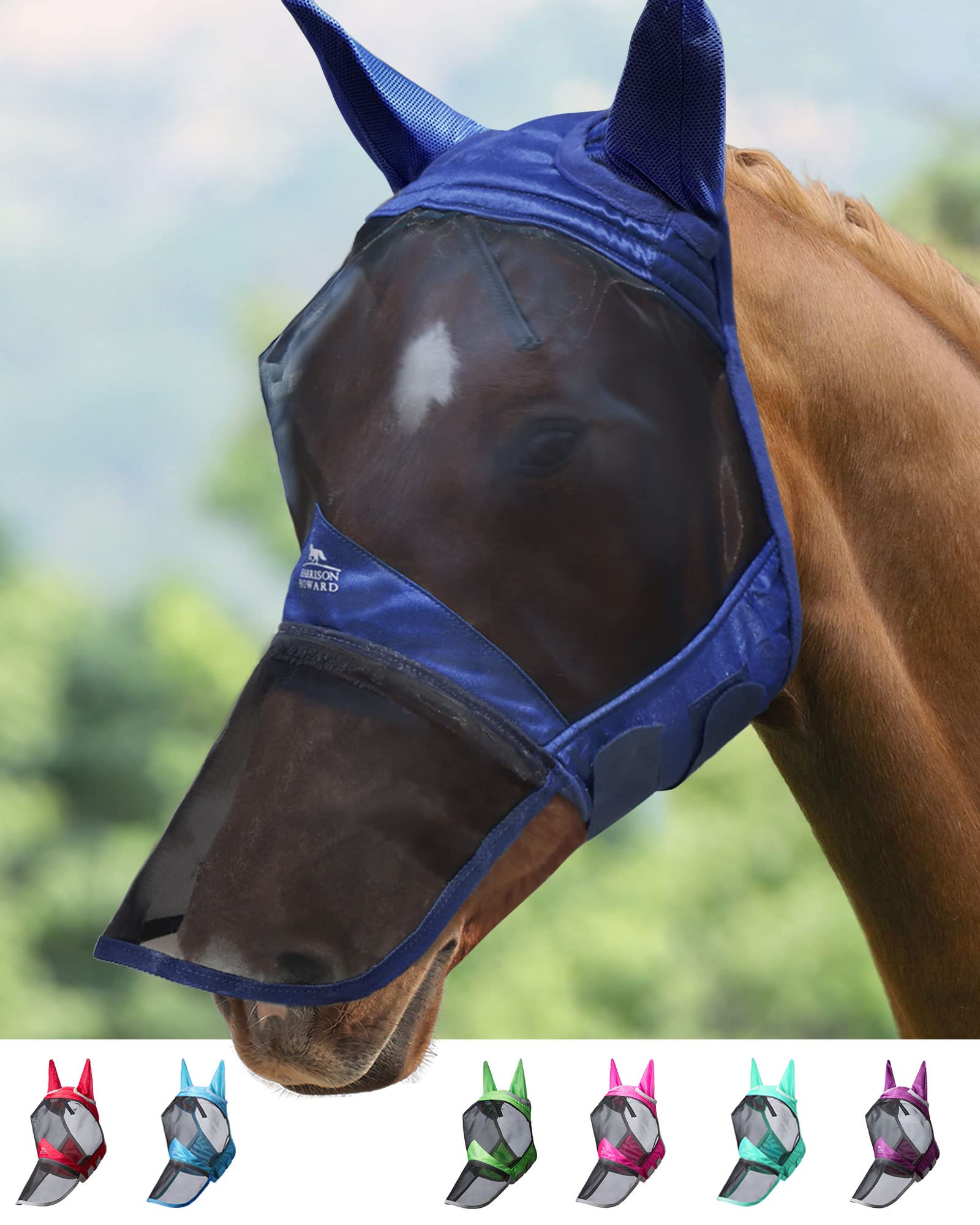 Photo 1 of Harrison Howard CareMaster Pro Luminous Horse Fly Mask Large Eye Space Long Nose with Ears UV Protection for Horse Navy S Pony