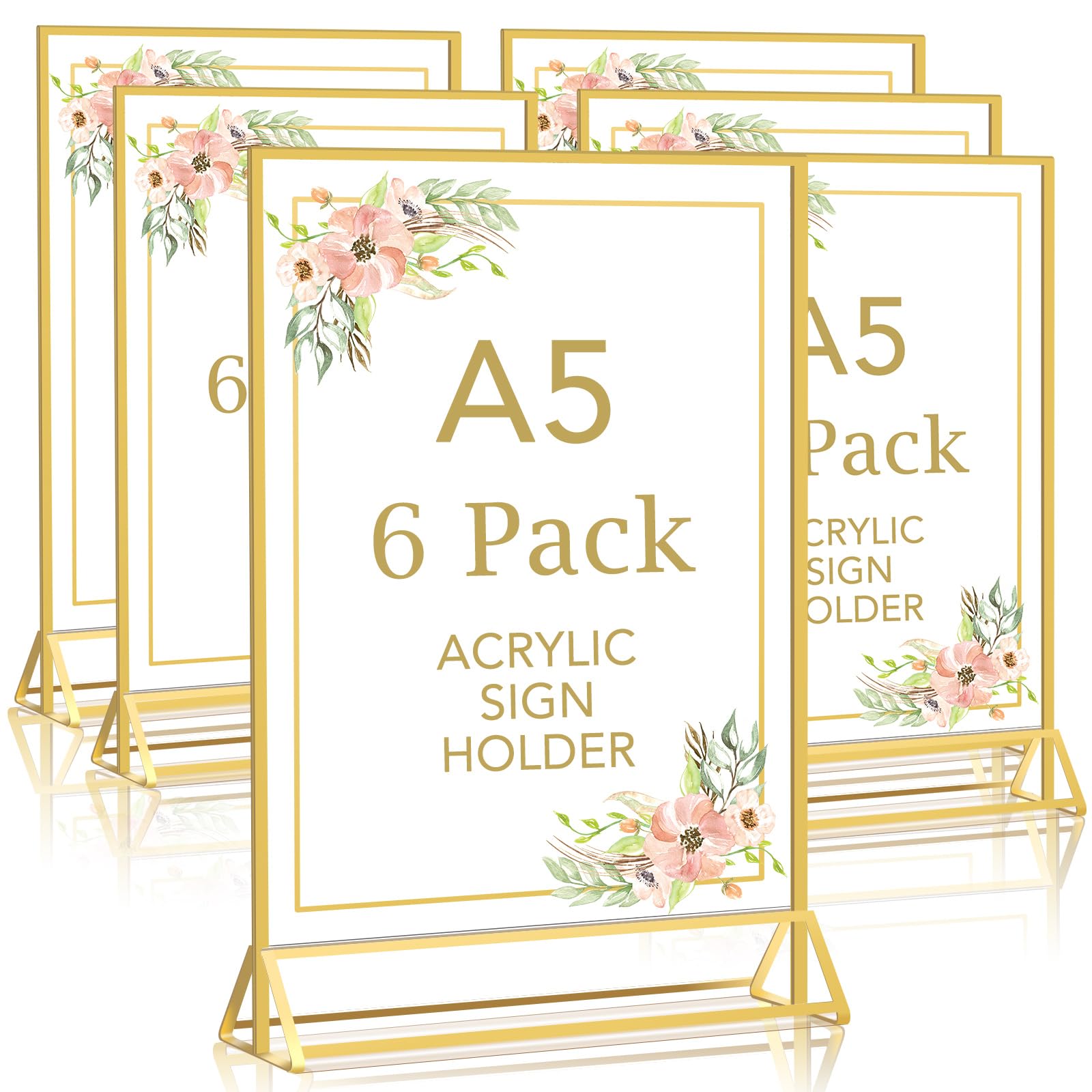 DMSELL 6 Pack A5 Acrylic Sign Holder with Gold Border, A5 Display Stand for Table Menu, Gold Menu Holders for Wedding, Restaurant Signs(Double Sided)