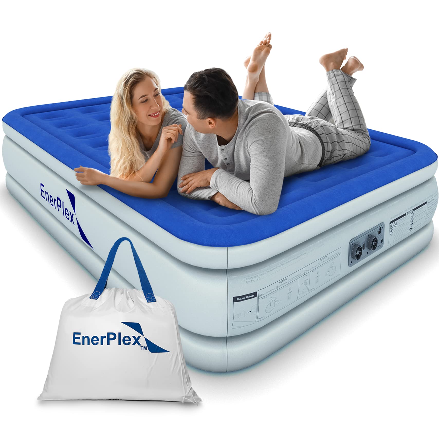 EnerPlex Full Air Mattress for Camping, Home & Travel - 16 Inch Double Height Inflatable Bed with Built-in Dual Pump - Durable, Adjustable Blow Up Mattress - Easy to Inflate/Quick Set Up