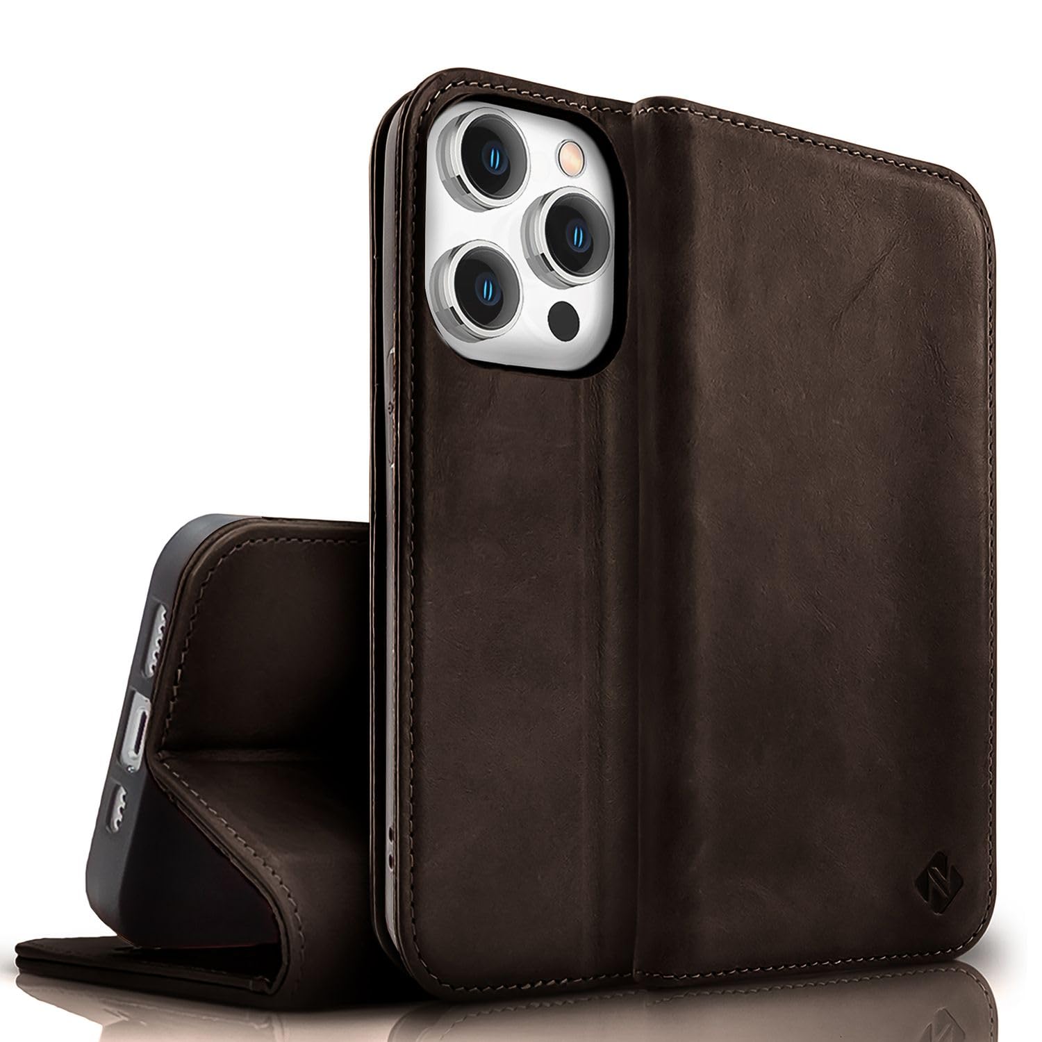 NALIA Genuine Leather Case for iPhone 15 Pro Max - RFID Wallet & Magnetic Closure - LEVANTO (Handmade Book Cover) - German Brand, Color:Dark Brown