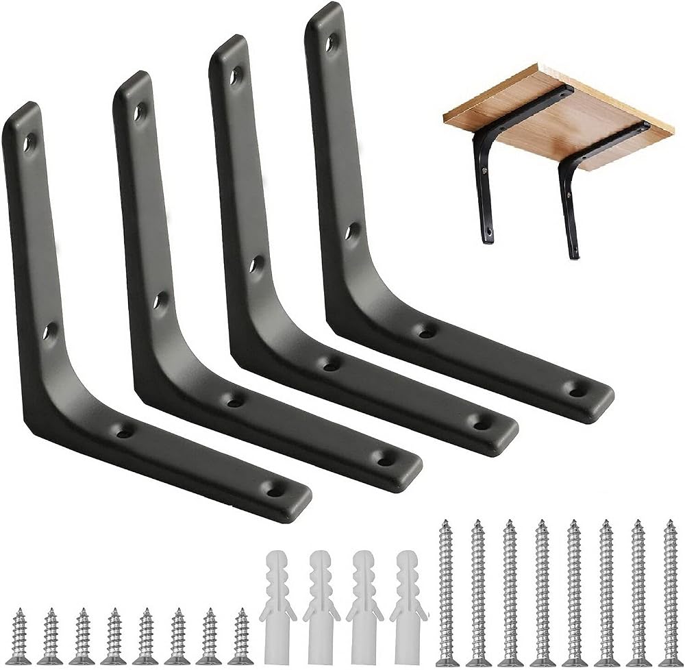 nuoshen 4Pcs Shelf Bracket Right Angle 150x125mm with 16 Screws Black