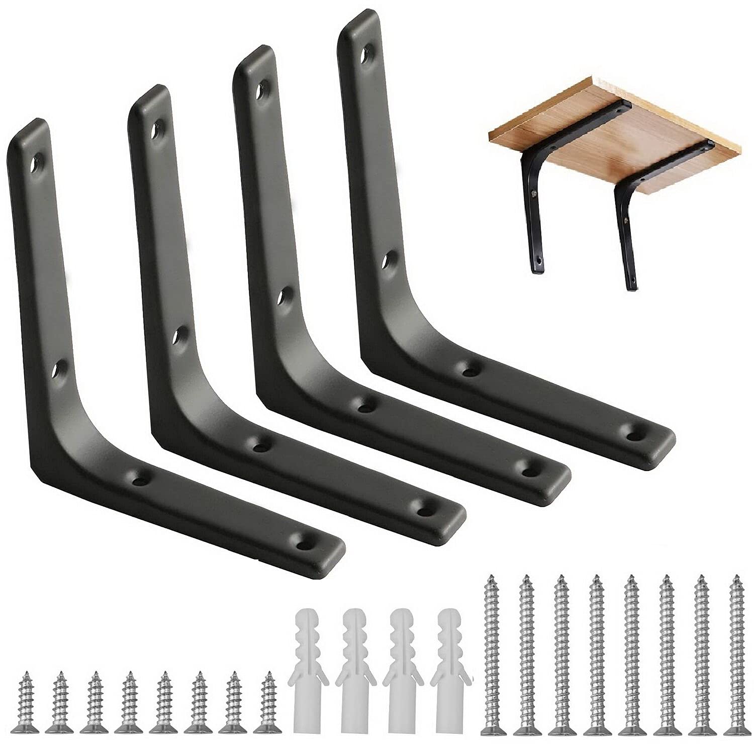 4PCS Shelf Bracket, 150 * 125mm Right Angle Wall Brackets with 16 Pcs Screws Heavy Duty Shelf Support for Table Bookshelf Wood Board Furniture Window(Black)