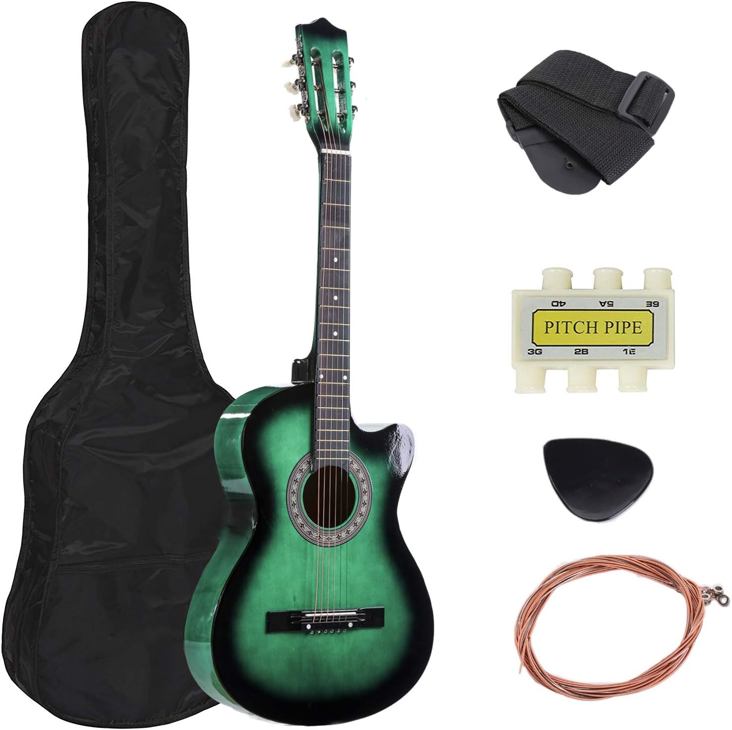 Lagrima 38" Electric Acoustic Guitar Case Strap & Tuner Cutaway Design Black Acoustic Guitars