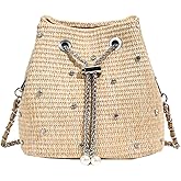 JRNDNIUO Pearl Straw Bucket Purse for Women Summer Vacation Crossbody Purses Beach Bag Beaded Rhinestone Handbag