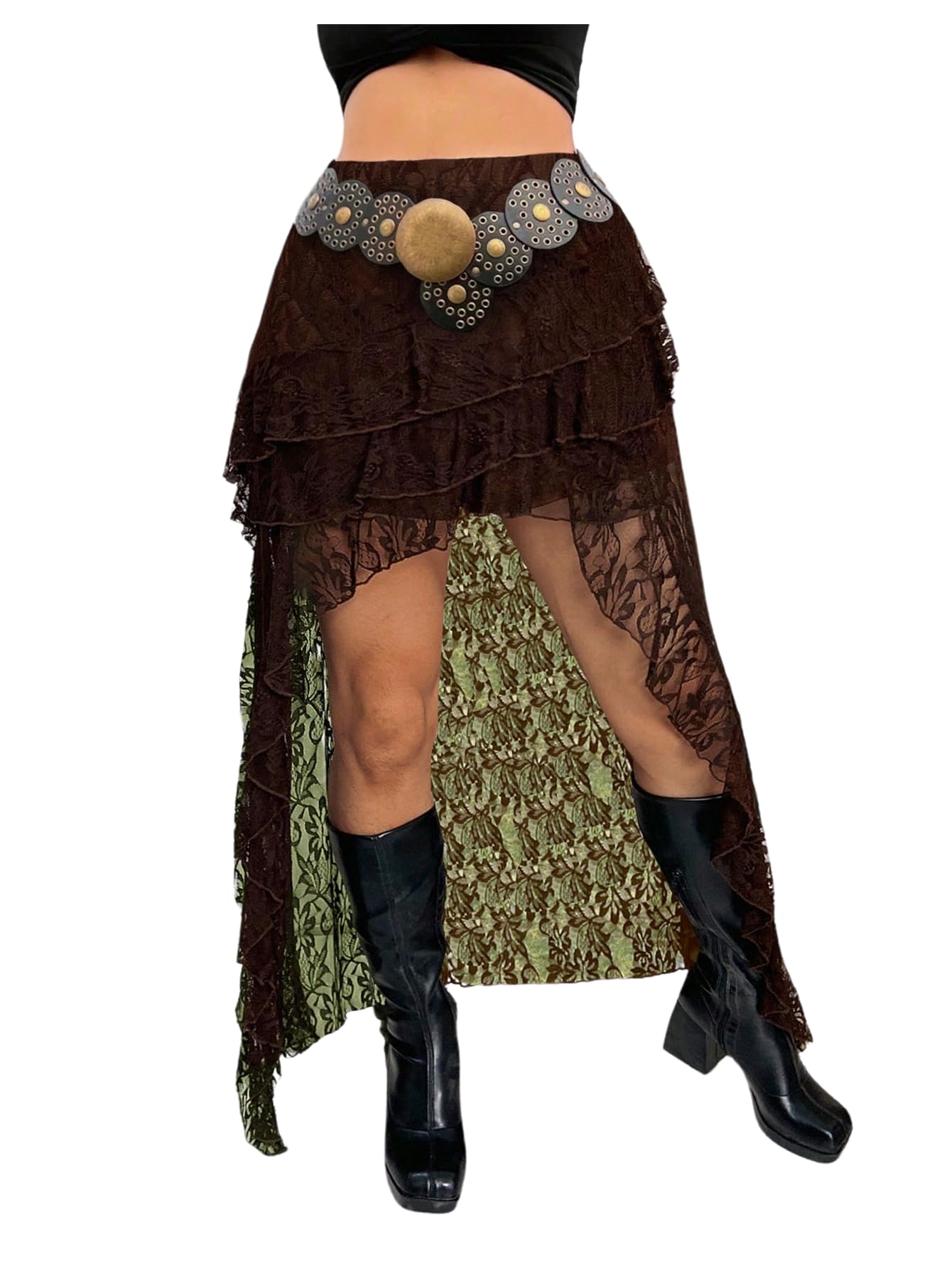 Photo 1 of *BLACK*____________Verdusa Women's Plus Size Lace Tiered Layered High Low Skirts A Line Ruffle Skirt Boho Outfits 2025 Trendy Brown XX-Large Plus