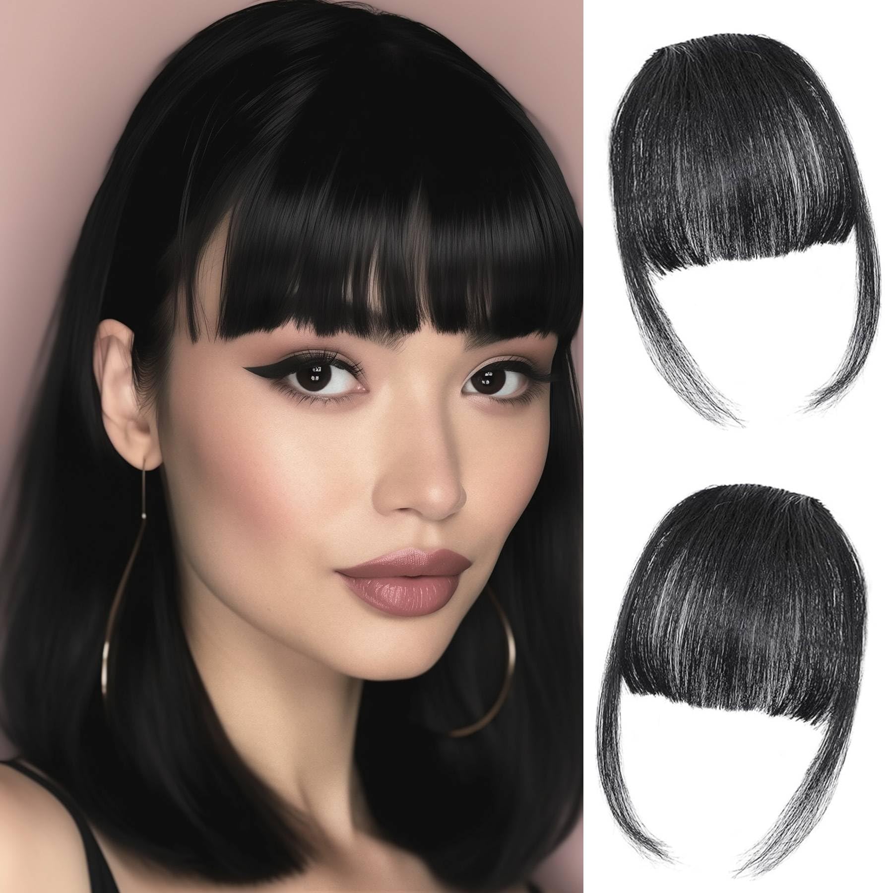 Clip in Fringe Human Hair Extensions, Clip-in-Bangs Air Bangs, Fake Hairpieces for Women (Black)