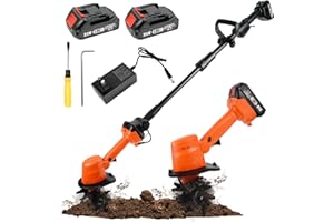 BBTEQEKN Electric Garden Rotavator,Soil Tiller Cultivator with 2 X 1500mah Battery and Telescopic Pole, Cordless Tiller Rotav