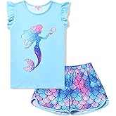QPANCY Girls Pajamas Sets Unicorn Cat Pjs Flutter Sleeve Sleep Shirt Clothes for Kids